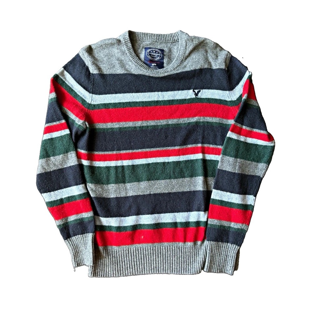 American Eagle Athletic Fit Striped Christmas Crew Neck Cotton Sweater M Gray